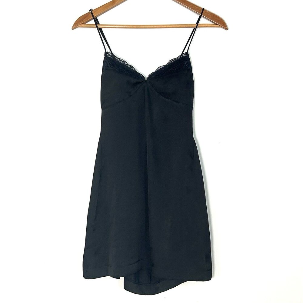Intimately Free People Black Satin Lace Trim Slip Dress Spaghetti Strap XS